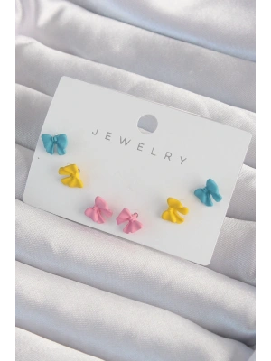 Pirinç Rengarenk Mineli Minimal Fiyonk Küpe Seti