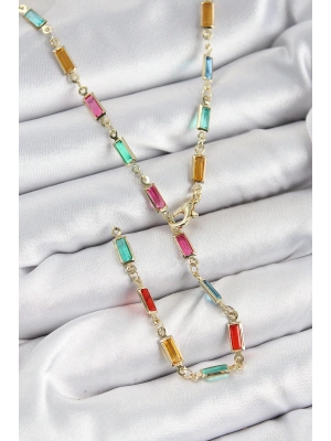 Pirinç Renkli Zirkon Taşlı Dikdörtgen Model Gold Renk Kadın Y Kolye