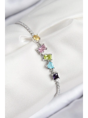 Pirinç Renkli Zirkon Taşlı Geometrik Model Gümüş Renk Kadın Bileklik