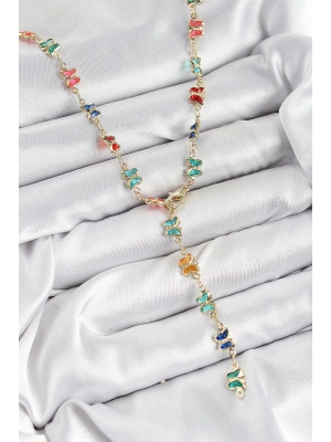 Pirinç Renkli Zirkon Taşlı Kelebek Model Gold Renk Kadın Y Kolye