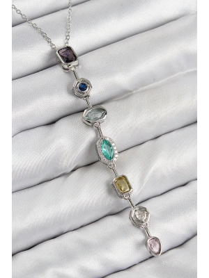 Pirinç Renkli Zirkon Taşlı Model Gümüş Renk 7 Element Kadın Y Kolye