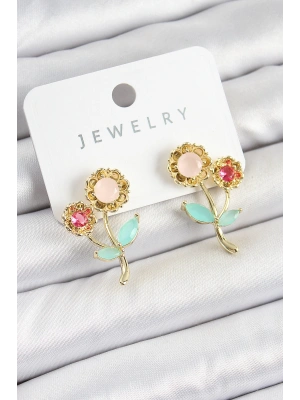 Pirinç Renkli Zirkon Taşlı Papatya Model Gold Renk Kadın Küpe