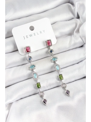 Pirinç Renkli Zirkon Taşlı Sallantılı Model Gümüş Renk Kadın Küpe