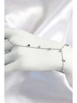 Pirinç Renkli Zirkon Taşlı Sallantılı Yıldızlı Model Gümüş Renk Kadın Şahmeran