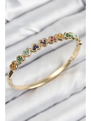 Pirinç Renkli Zirkon Taşlı Sıralı Kalp Model Gold Renk Kadın Kelepçe
