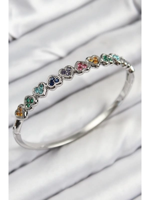 Pirinç Renkli Zirkon Taşlı Sıralı Kalp Model Gümüş Renk Kadın Kelepçe