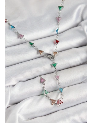 Pirinç Renkli Zirkon Taşlı Üçgen Model Gümüş Renk Kadın Y Kolye