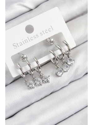 Pirinç Sallantılı Zirkon Taşlı Model Gümüş Renk Kadın Küpe