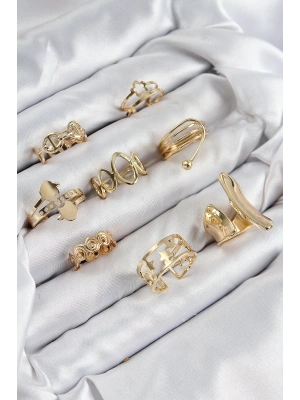 Pirinç Sarmal Ve Yıldız Model Gold Renk Kadın Yüzük Kombin Set