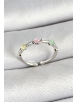 Pirinç Sıralı Boncuk Figürlü Zirkon Taşlı Gümüş Renk Ayarlanabilir Kadın Yüzük