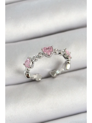 Pirinç Sıralı Kalp Figürlü Zirkon Taşlı Gümüş Renk Ayarlanabilir Kadın Yüzük