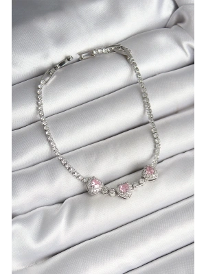 Pirinç Sıralı Pembe Kalp Figürlü Zirkon Taşlı Gümüş Renk Kadın Bileklik