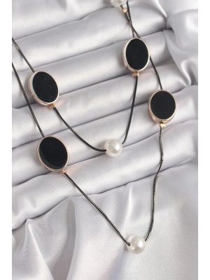 Pirinç Siyah Renk Zincir İnci Detaylı Çoklu Kadın Kolye