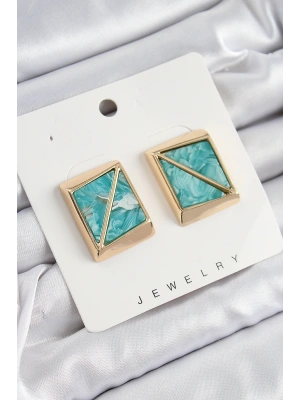 Pirinç Turkuaz Üçgen Kesim Detaylı Kare Model Vintage Gold Renk Kadın Küpe