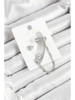 Pirinç Üçgen Figürlü Zirkon Taşlı Gümüş Renk 3lü Kıkırdak Kadın Küpe Set