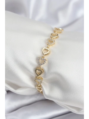 Pirinç VIP Seri Gold Renk Sıralı Kalp Model Kadın Bileklik