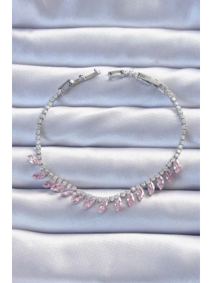 Pirinç Vip Seri Gümüş Renk Pembe Zirkon Taşlı Bileklik