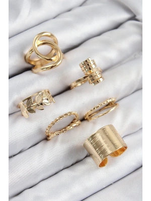 Pirinç Yaprak Model Gold Renk Kadın Yüzük Kombin Set