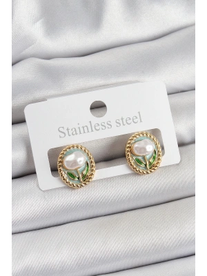 Pirinç Yeşil Mineli Lale Figürlü Sanatsal Portre Model Gold Renk Kadın Küpe