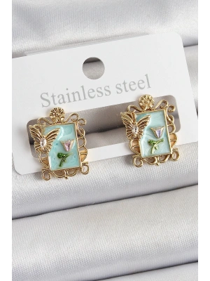 Pirinç Yeşil Mineli Sanatsal Portre Model Gold Renk Kadın Küpe