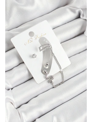 Pirinç Yılan Figürlü Zirkon Taşlı Gümüş Renk 3lü Kıkırdak Kadın Küpe Set