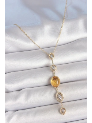 Pirinç Zincir Kehribar Sarı Gold Renk  Zirkon Taşlı Y Kolye