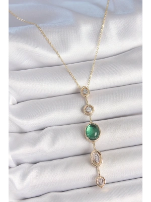 Pirinç Zincir Zümrüt Yeşil Gold Renk Zirkon Taşlı Y Kolye