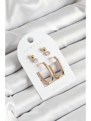 Pirinç Zirkon Taş Ve Dikdörtgen Figürlü Gold Renk 3lü Çift Kadın Küpe Set