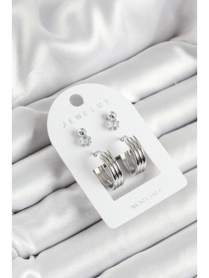 Pirinç Zirkon Taş Ve Halka Figürlü Gümüş Renk 3lü Çift Kadın Küpe Set