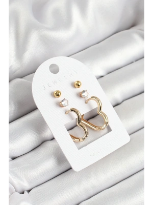 Pirinç Zirkon Taş Ve Kalp Figürlü Gold Renk 3lü Çift Kadın Küpe Set