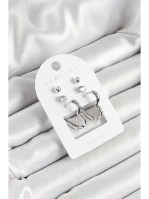 Pirinç Zirkon Taş Ve Kalp Figürlü Gümüş Renk 3lü Çift Kadın Küpe Set