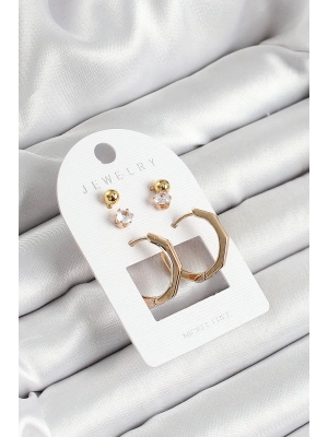 Pirinç Zirkon Taş Ve Kemik Halka Figürlü Gold Renk 3lü Çift Kadın Küpe Set