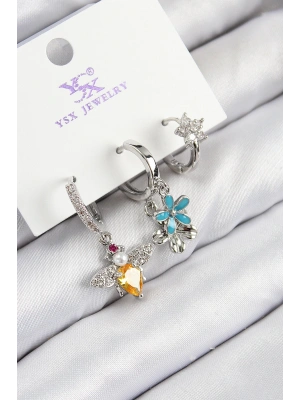 Pirinç Zirkon Taşlı 3lü Arı Ve Çiçek Model Gümüş Renk Kadın Küpe