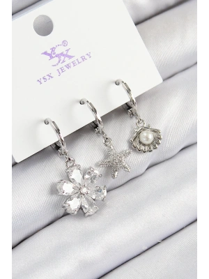 Pirinç Zirkon Taşlı 3lü Çiçek Ve İstiridye Model Gümüş Renk Kadın Küpe