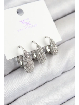 Pirinç Zirkon Taşlı 3lü Damla Model Gümüş Renk Kadın Küpe