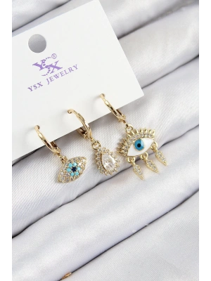 Pirinç Zirkon Taşlı 3lü Fatmanın Gözü Model Gold Renk Kadın Küpe