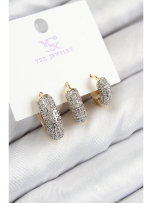 Pirinç Zirkon Taşlı 3lü Halka Model Gold Ve Gümüş Renk Kadın Küpe