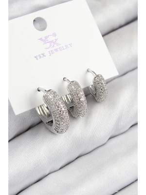 Pirinç Zirkon Taşlı 3lü Halka Model Gümüş Renk Kadın Küpe