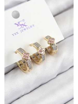 Pirinç Zirkon Taşlı 3lü Halka Yonca Model Gold Ve Gümüş Renk Kadın Küpe