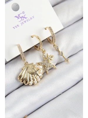 Pirinç Zirkon Taşlı 3lü İstiridye Ve Yıldız Model Gold Renk Kadın Küpe