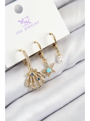 Pirinç Zirkon Taşlı 3lü İstiridye Ve Yıldız Model Gold Renk Kadın Küpe