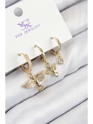 Pirinç Zirkon Taşlı 3lü Kuş Model Gold Renk Kadın Küpe