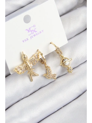 Pirinç Zirkon Taşlı 3lü Kuş Model Gold Renk Kadın Küpe