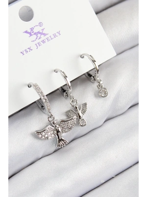 Pirinç Zirkon Taşlı 3lü Kuş Model Gümüş Renk Kadın Küpe