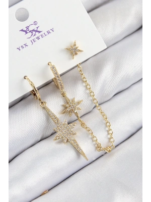 Pirinç Zirkon Taşlı 3lü Kutup Yıldızı Model Gold Renk Kadın Küpe