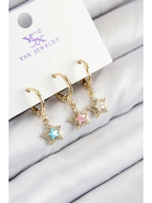 Pirinç Zirkon Taşlı 3lü Renkli Yıldız Model Gold Renk Kadın Küpe