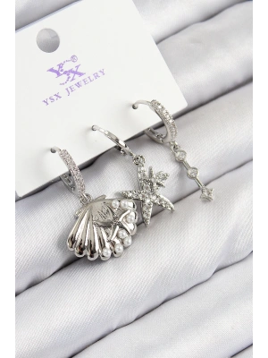 Pirinç Zirkon Taşlı 3lü Yıldız Ve İstiridye Model Gümüş Renk Kadın Küpe