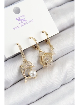 Pirinç Zirkon Taşlı 3lü Yunus Balığı Ve İstiridye Model Gold Renk Kadın Küpe