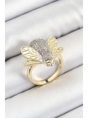 Pirinç Zirkon Taşlı Arı Model Gümüş Ve Gold Renk Kadın Yüzük