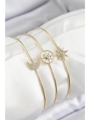 Pirinç Zirkon Taşlı Ay Ve Kutup Yıldızı Model Gold Renk Vip 3lü Kadın Bileklik